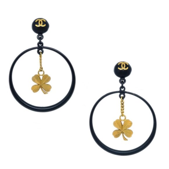 Chanel Black Clover Hoop Dangle Earrings Clip-On 94C 193559 - Picture 1 of 4